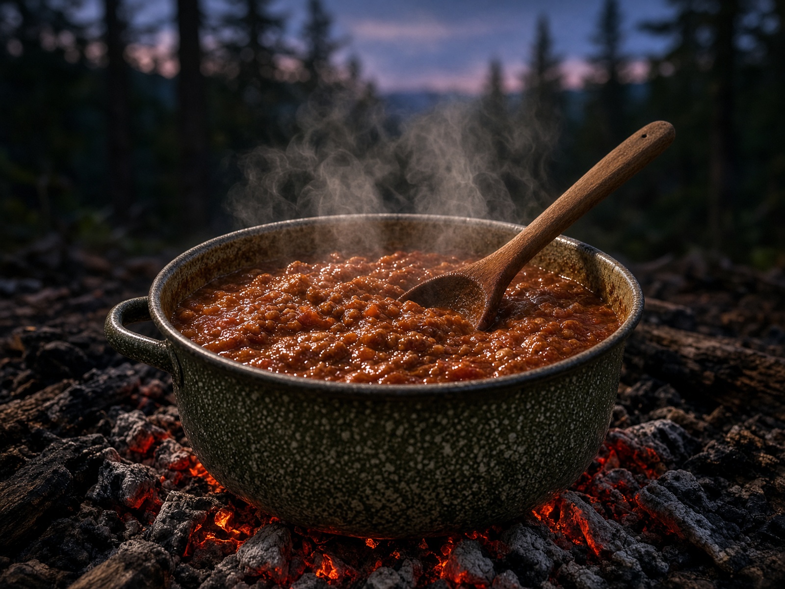 Enamel pot of chili sitting on glowing campfire coals
