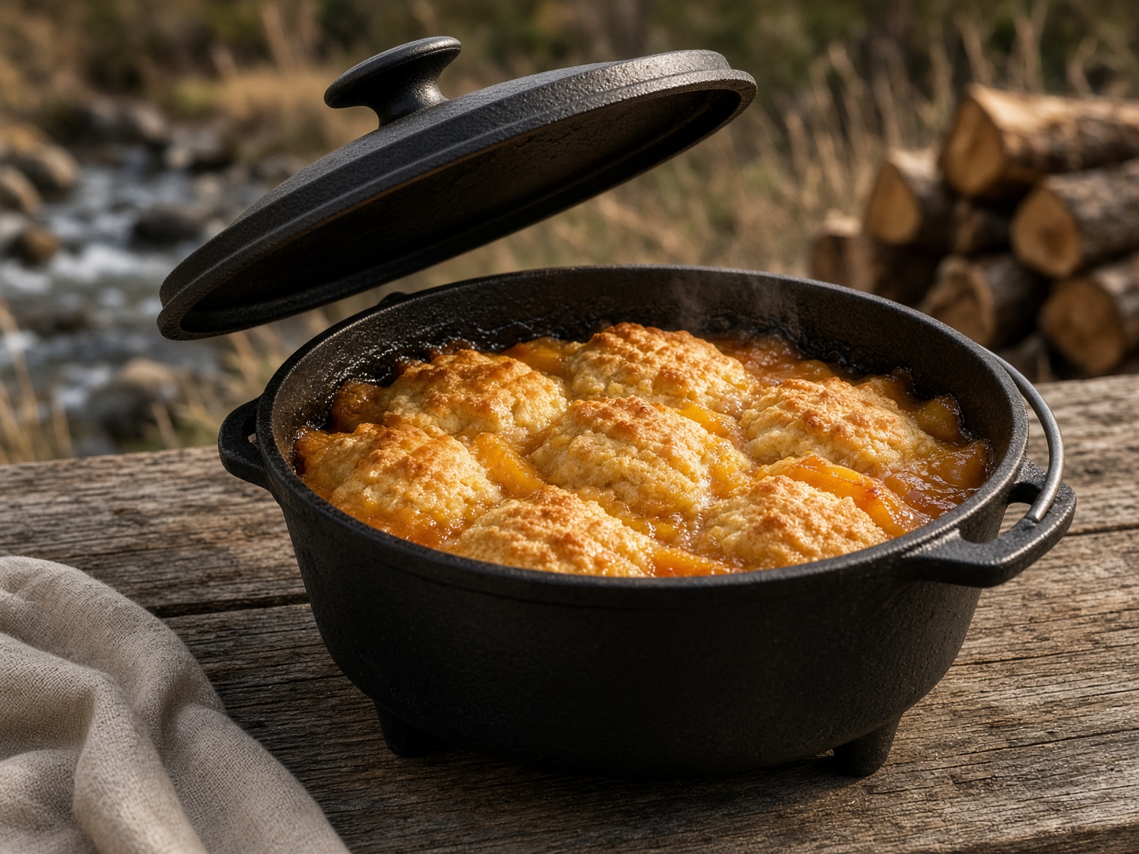 Peach cobbler in a dutch oven with the lid lifted