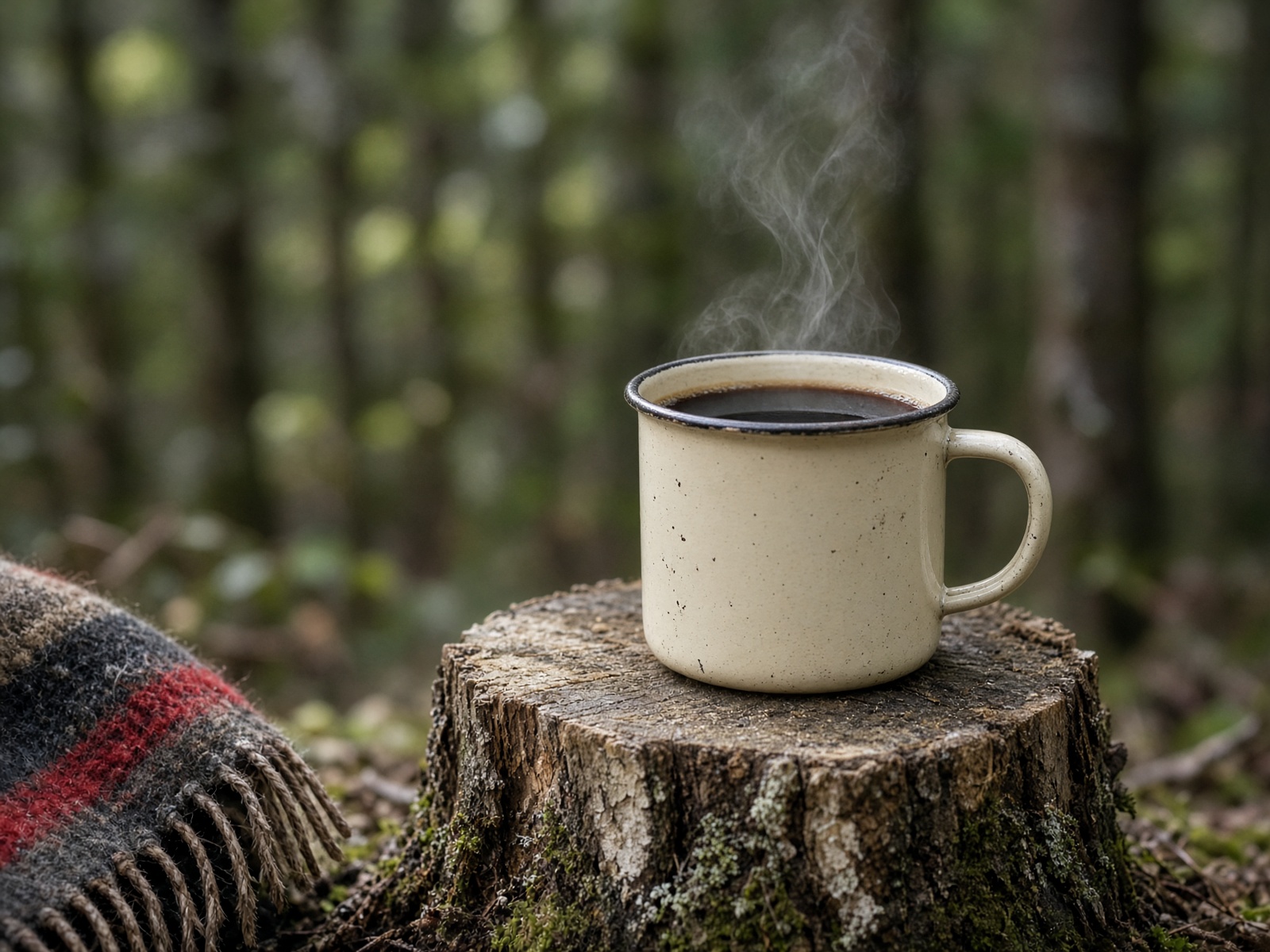 Steaming enamel mug of black coffee on a stump