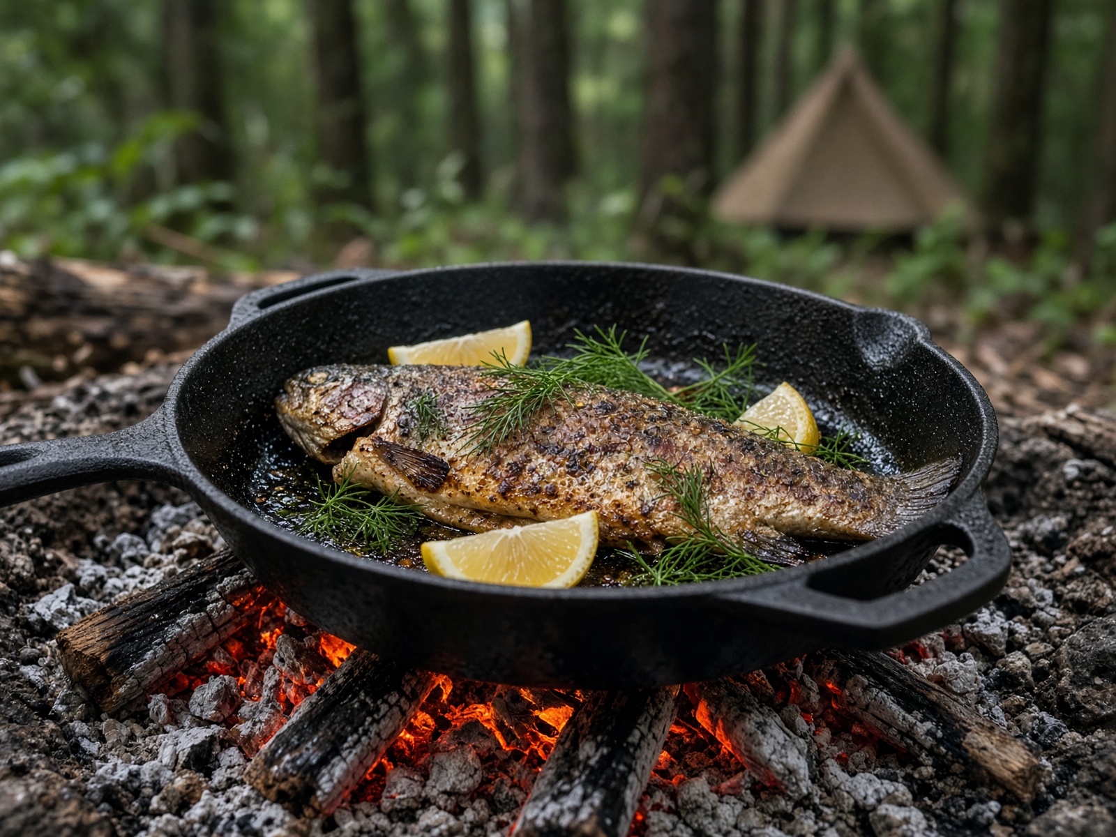 Trout searing in a cast-iron skillet over camp coals